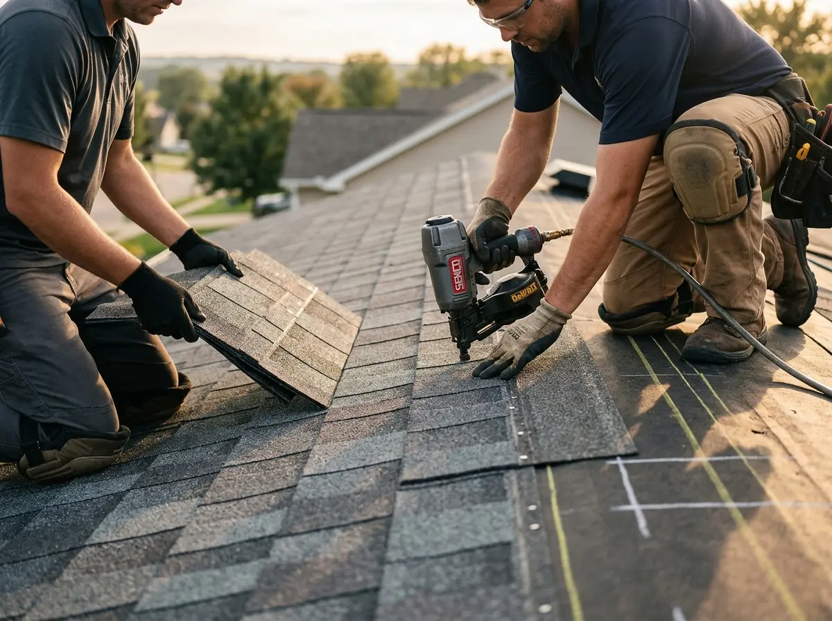 Professional roofer working on a residential roof in Mullica